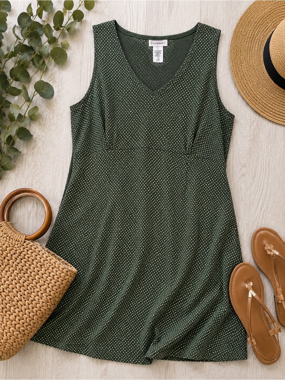 Northern Reflections Green White Polka Dot Sleeveless Midi Dress - Picture 1 of 7